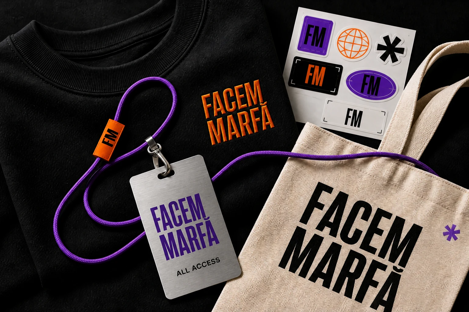 Hanorac brodat, sacoșă imprimată, stickere și ecuson metalic FACEM MARFĂ, prezentare conceptuală