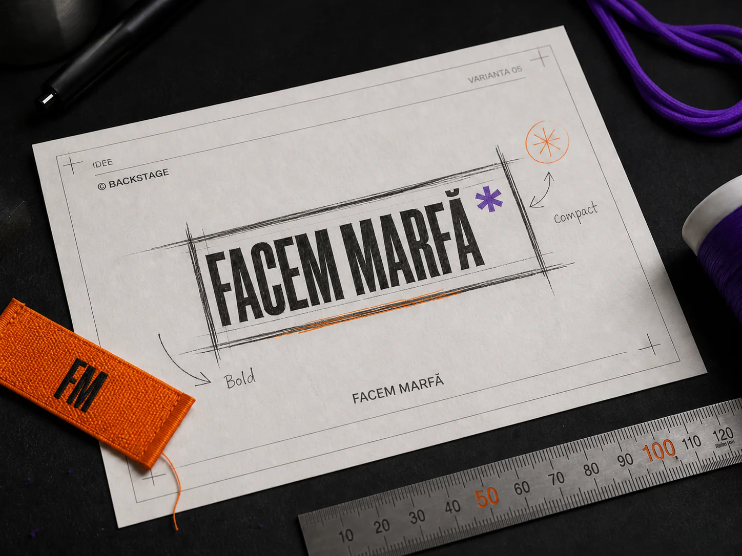 Schiță conceptuală FACEM MARFĂ pe o fișă de producție