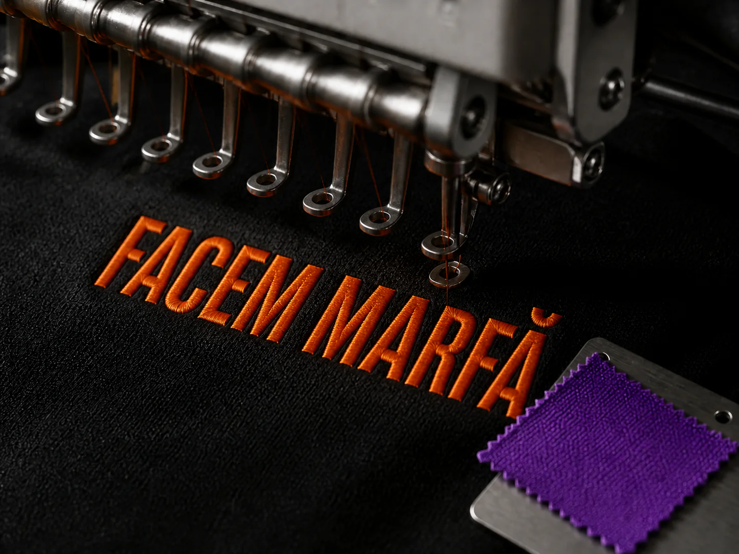 Mașină de brodat care coase FACEM MARFĂ cu fir portocaliu